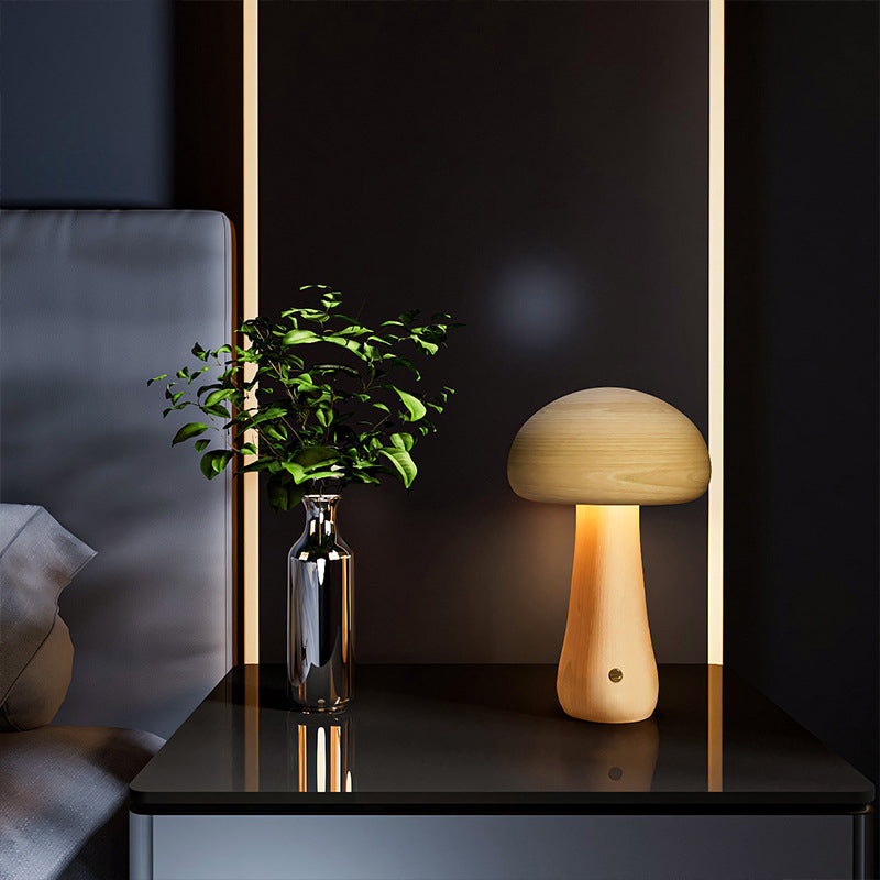 Contemporary Scandinavian Rechargeable Solid Wood Mushroom LED Table Lamp Night Light For Bedside Lumendat