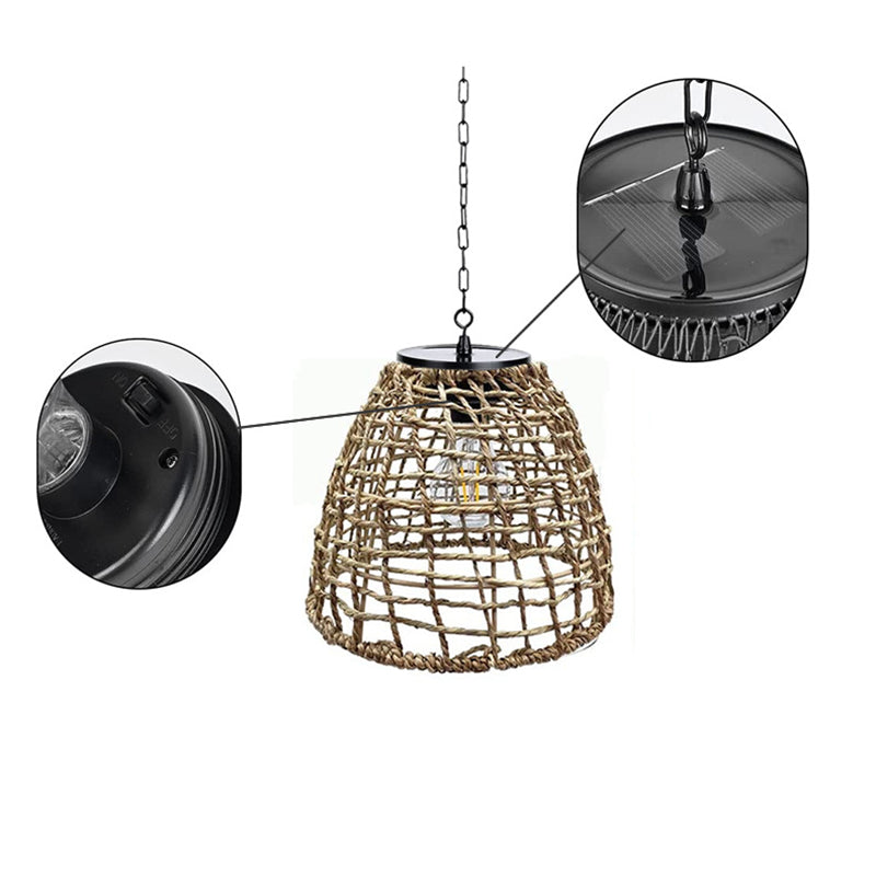 Traditional Farmhouse Solar Waterproof Weaving Iron Rattan Cage LED Outdoor Pendant Light for Outdoor Patio BulbSquare