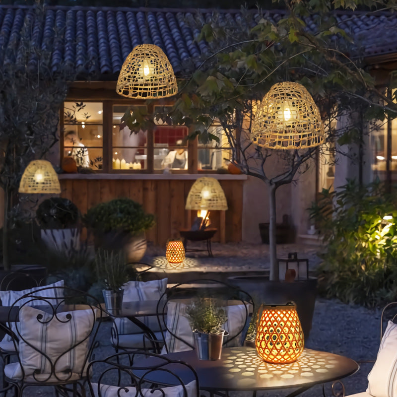 Traditional Farmhouse Solar Waterproof Weaving Iron Rattan Cage LED Outdoor Pendant Light for Outdoor Patio BulbSquare