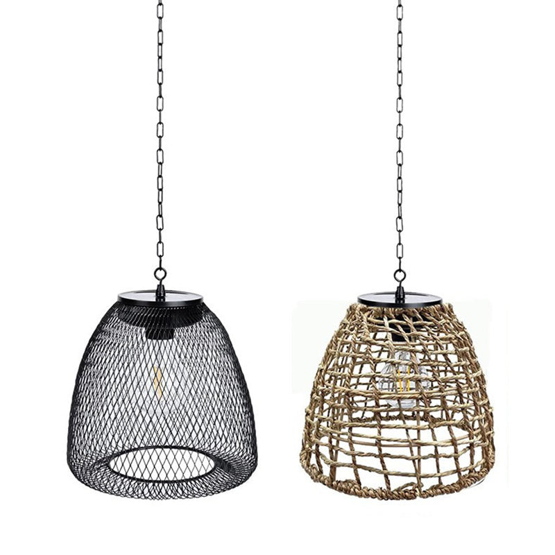 Traditional Farmhouse Solar Waterproof Weaving Iron Rattan Cage LED Outdoor Pendant Light for Outdoor Patio BulbSquare
