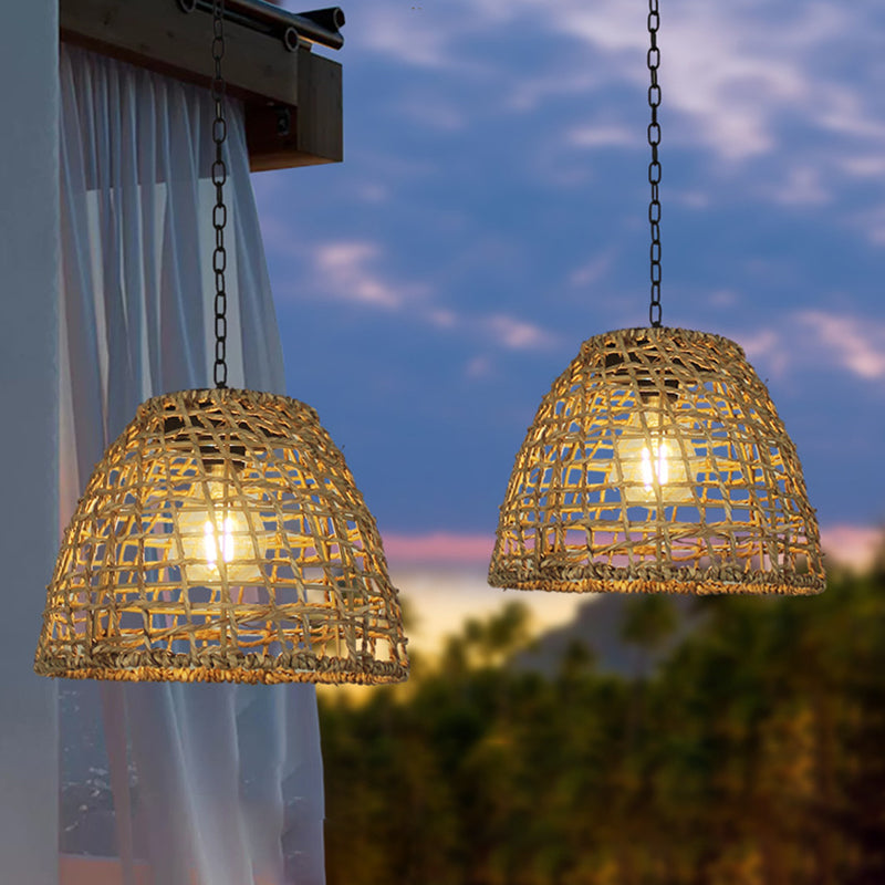 Traditional Farmhouse Solar Waterproof Weaving Iron Rattan Cage LED Outdoor Pendant Light for Outdoor Patio BulbSquare