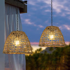 Traditional Farmhouse Solar Waterproof Weaving Iron Rattan Cage LED Outdoor Pendant Light for Outdoor Patio BulbSquare