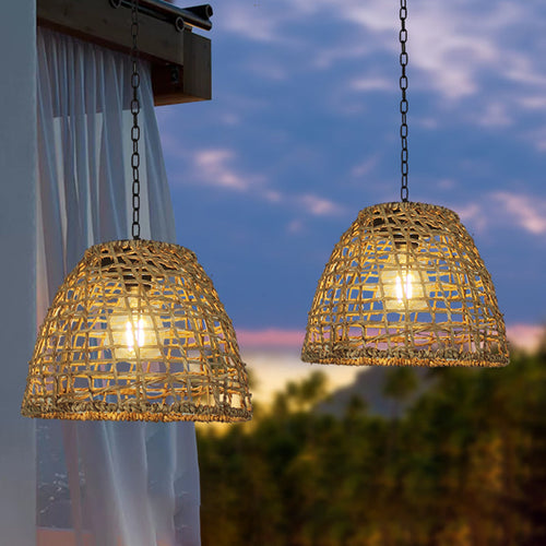 Traditional Farmhouse Solar Waterproof Weaving Iron Rattan Cage LED Outdoor Pendant Light For Outdoor Patio