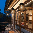 Traditional Farmhouse Solar Waterproof Weaving Iron Rattan Cage LED Outdoor Pendant Light for Outdoor Patio BulbSquare