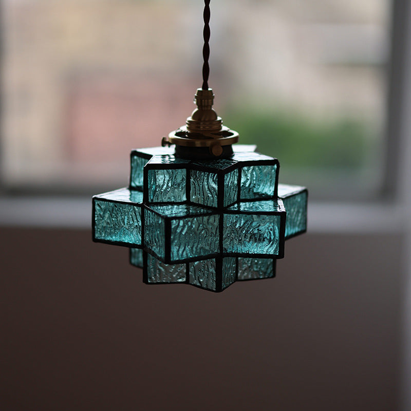 Traditional Vintage Glass Brass Triple Layered Hexagonal Star 1-Light Pendant Light For Dining Room