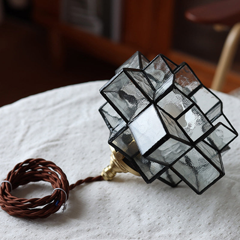 Traditional Vintage Glass Brass Triple Layered Hexagonal Star 1-Light Pendant Light For Dining Room
