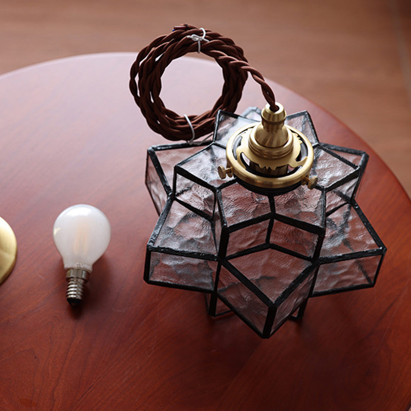 Traditional Vintage Glass Brass Triple Layered Hexagonal Star 1-Light Pendant Light For Dining Room