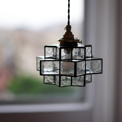 Traditional Vintage Glass Brass Triple Layered Hexagonal Star 1-Light Pendant Light For Dining Room