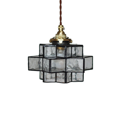 Traditional Vintage Glass Brass Triple Layered Hexagonal Star 1-Light Pendant Light For Dining Room
