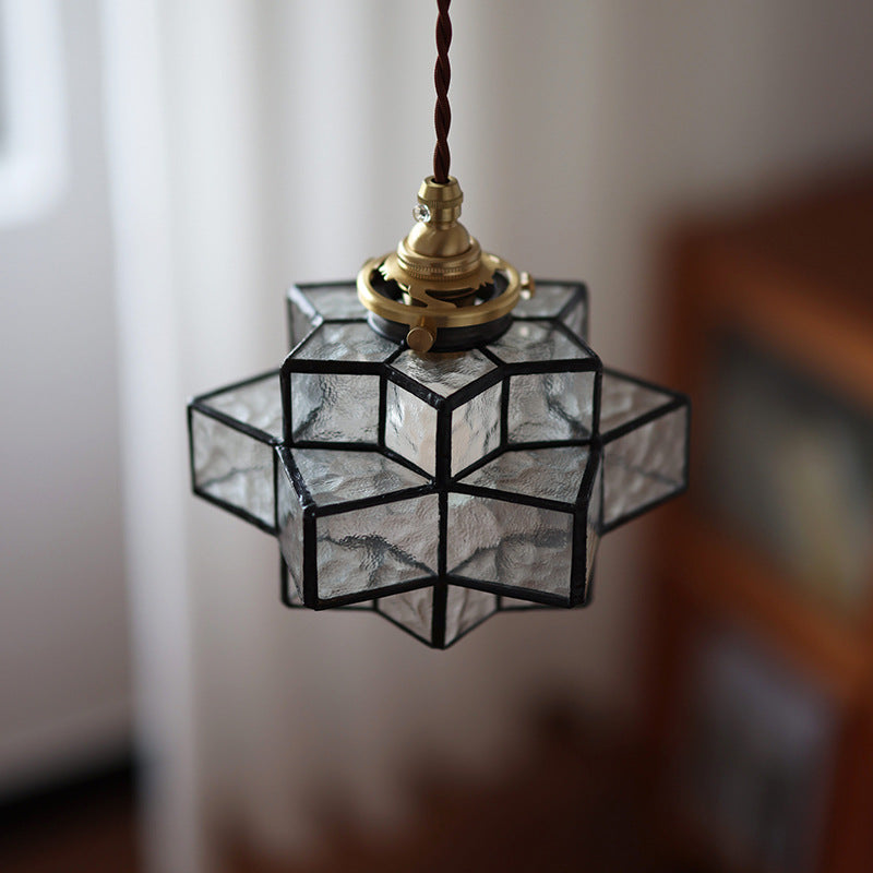 Traditional Vintage Glass Brass Triple Layered Hexagonal Star 1-Light Pendant Light For Dining Room