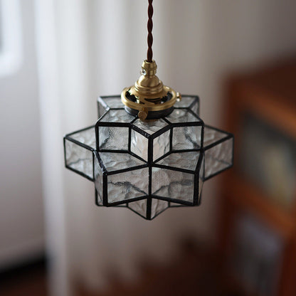 Traditional Vintage Glass Brass Triple Layered Hexagonal Star 1-Light Pendant Light For Dining Room