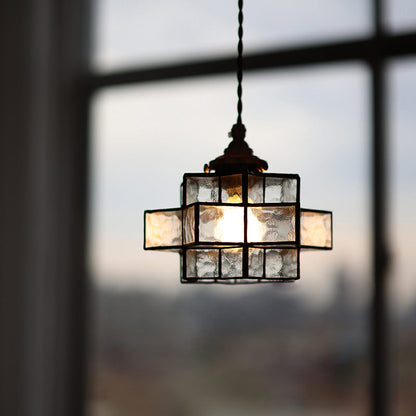 Traditional Vintage Glass Brass Triple Layered Hexagonal Star 1-Light Pendant Light For Dining Room