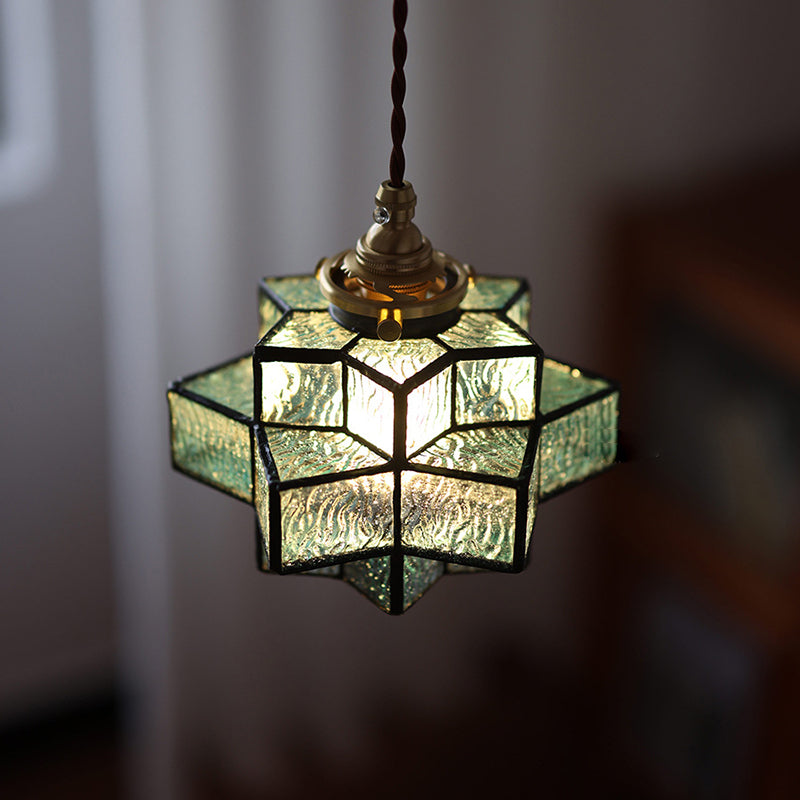 Traditional Vintage Glass Brass Triple Layered Hexagonal Star 1-Light Pendant Light For Dining Room