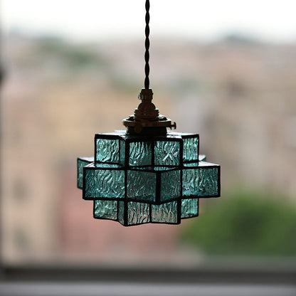Traditional Vintage Glass Brass Triple Layered Hexagonal Star 1-Light Pendant Light For Dining Room