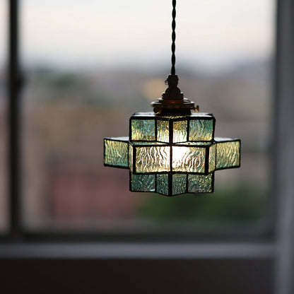 Traditional Vintage Glass Brass Triple Layered Hexagonal Star 1-Light Pendant Light For Dining Room
