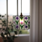 Contemporary Retro Brass Glass Cylinder Hand Painted Flower Leaf 1-Light Pendant Light For Dining Room