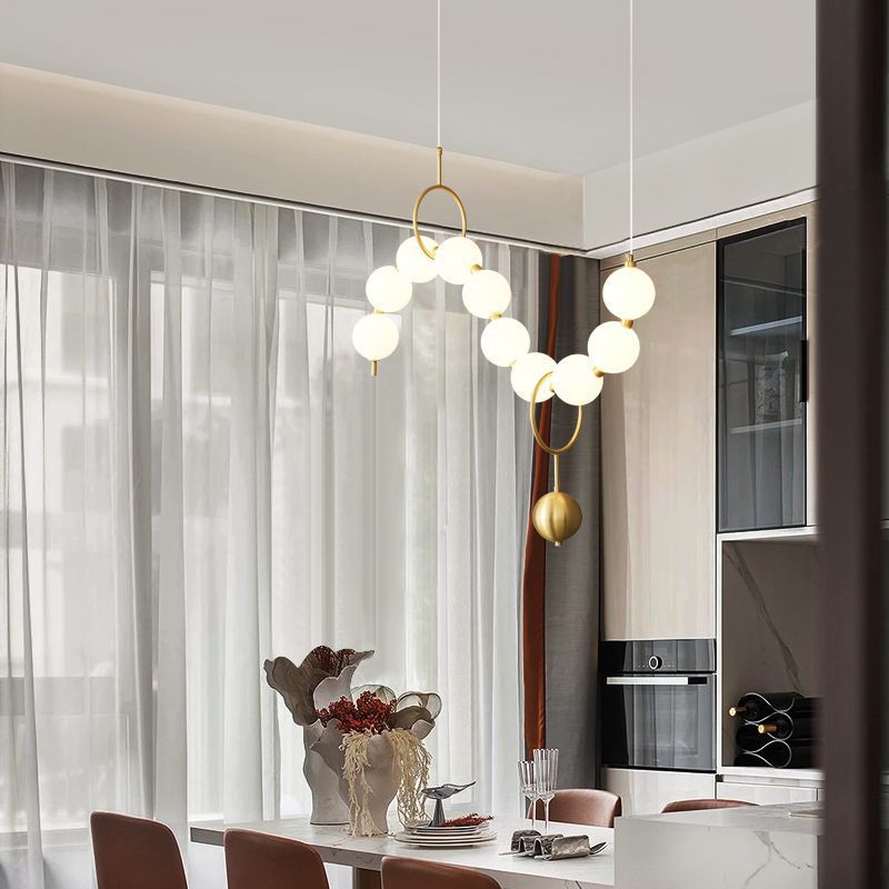 Contemporary Nordic Copper Acrylic Bead Pearl Necklace LED Chandeliers Island Light for Living Room BulbSquare