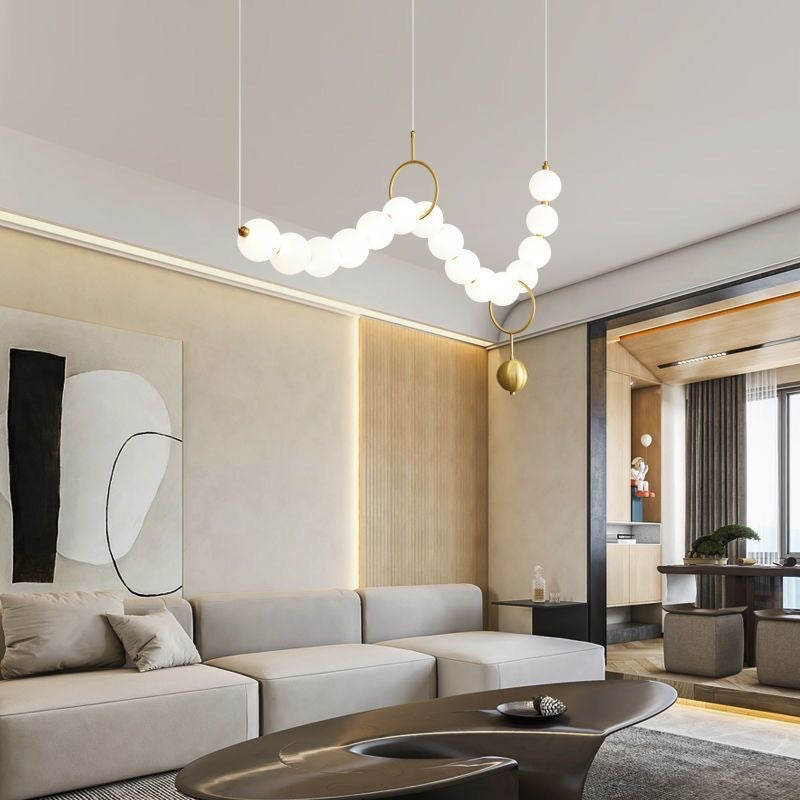 Contemporary Nordic Copper Acrylic Bead Pearl Necklace LED Chandeliers Island Light for Living Room BulbSquare