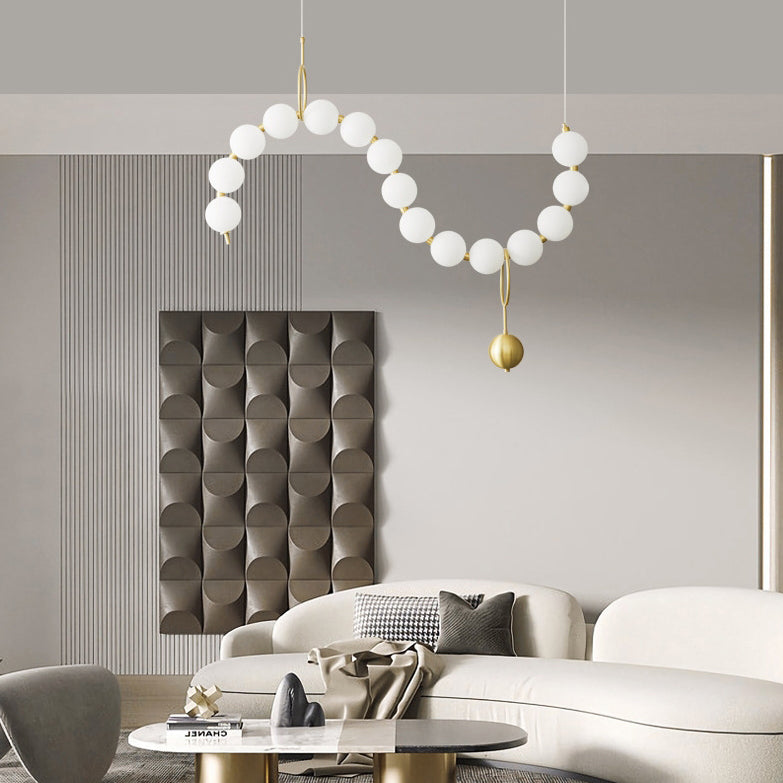 Contemporary Nordic Copper Acrylic Bead Pearl Necklace LED Chandeliers Island Light for Living Room