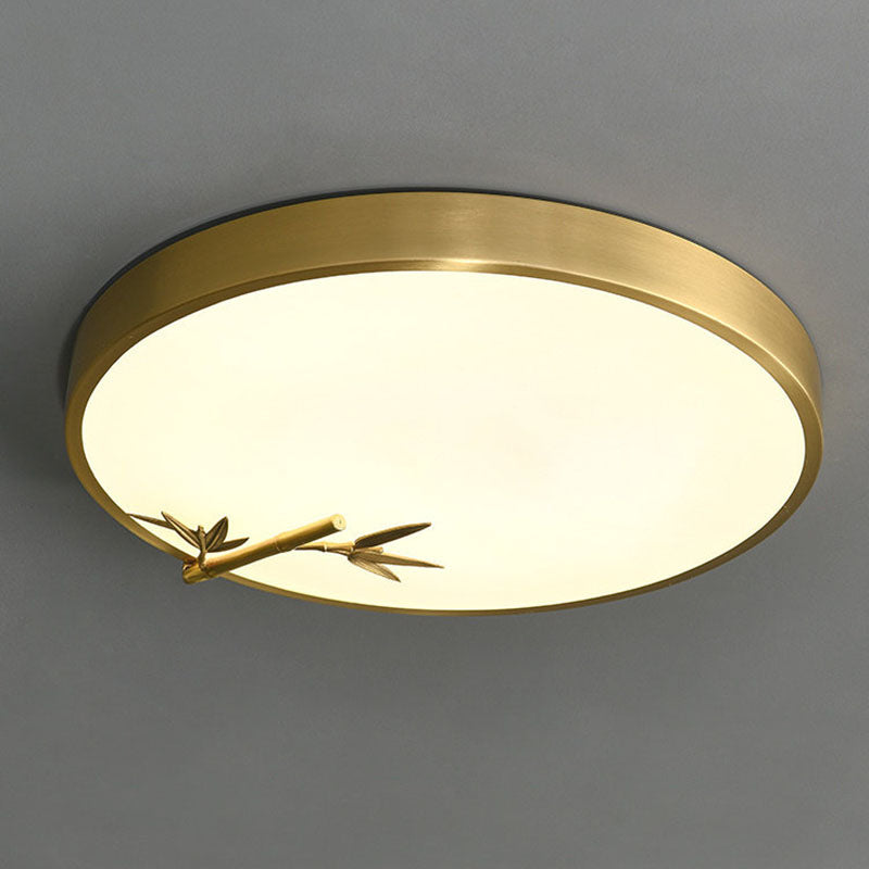 Traditional Chinese Brass Acrylic Round Bamboo Leaf LED Flush Mount Ceiling Light For Bedroom Lumendat