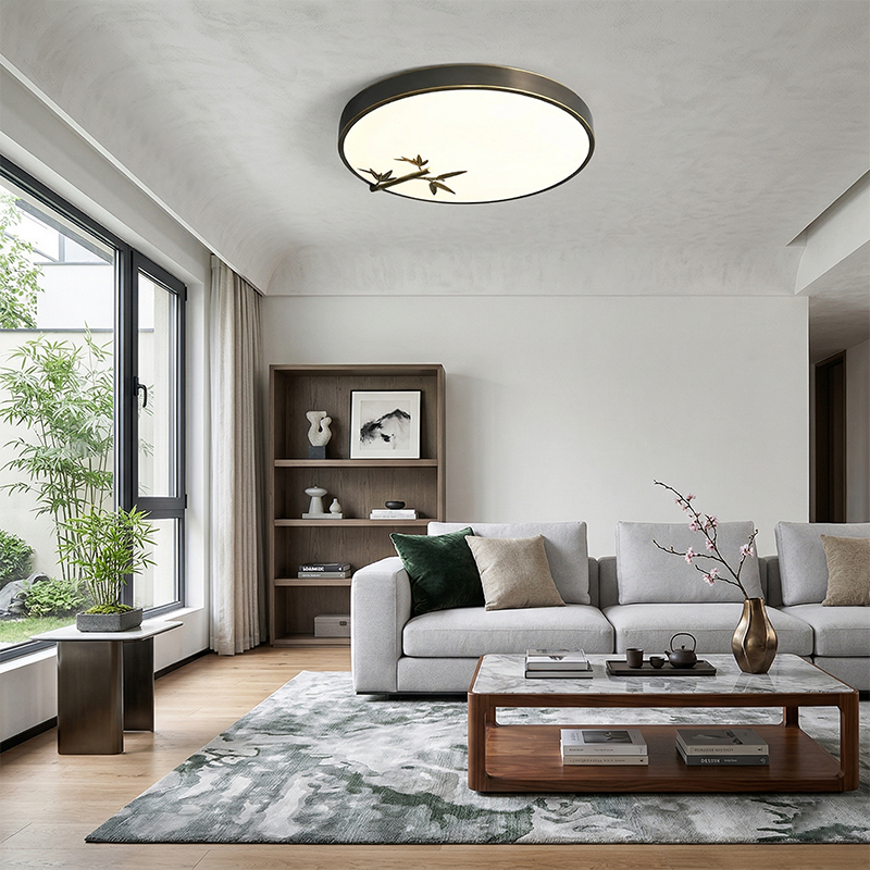 Traditional Chinese Brass Acrylic Round Bamboo Leaf LED Flush Mount Ceiling Light For Bedroom Lumendat