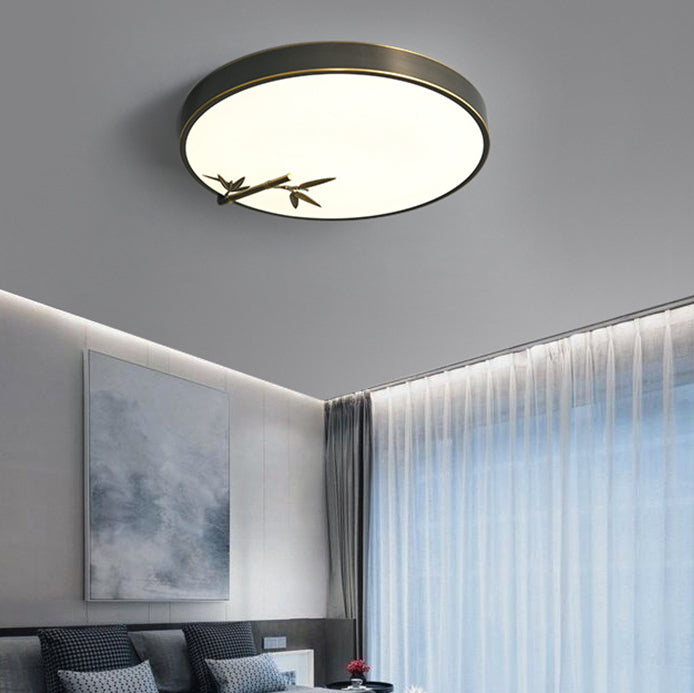 Traditional Chinese Brass Acrylic Round Bamboo Leaf LED Flush Mount Ceiling Light For Bedroom Lumendat