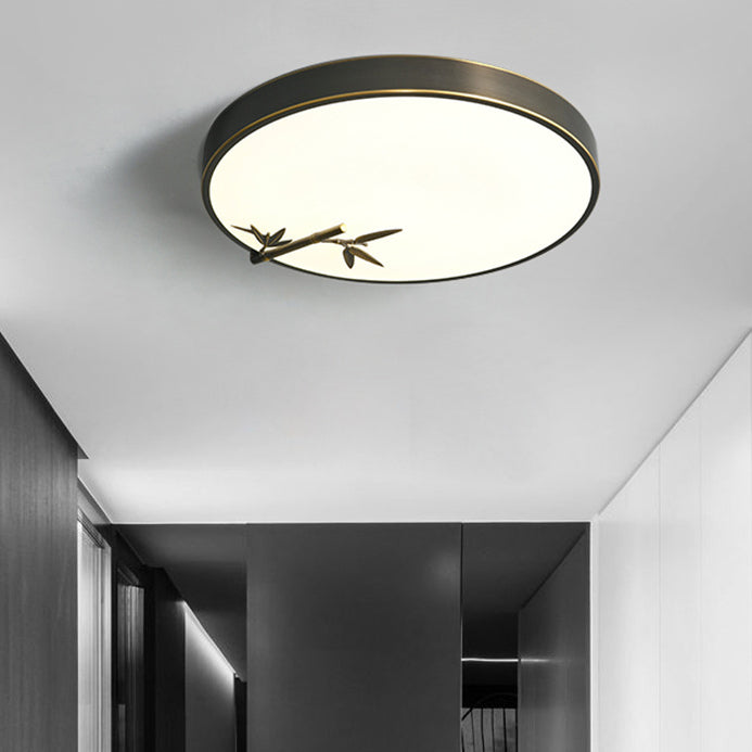 Traditional Chinese Brass Acrylic Round Bamboo Leaf LED Flush Mount Ceiling Light For Bedroom Lumendat