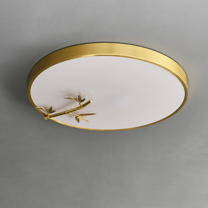 Traditional Chinese Brass Acrylic Round Bamboo Leaf LED Flush Mount Ceiling Light For Bedroom Lumendat