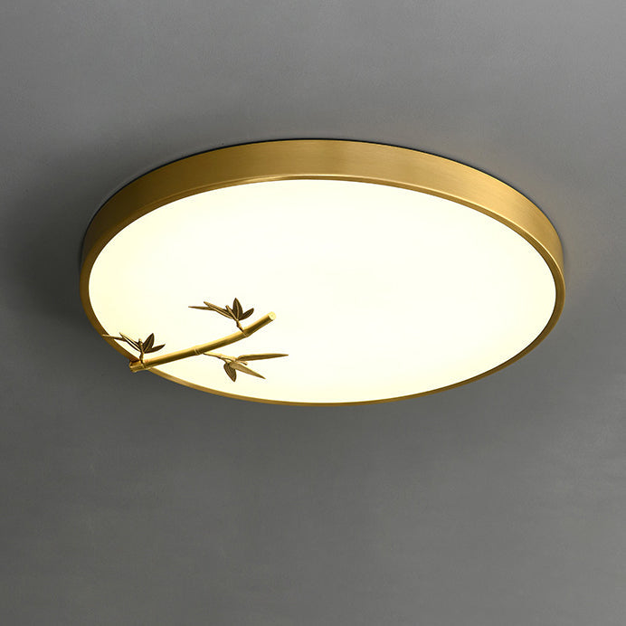 Traditional Chinese Brass Acrylic Round Bamboo Leaf LED Flush Mount Ceiling Light For Bedroom Lumendat