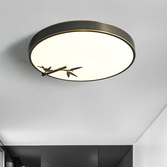 Traditional Chinese Brass Acrylic Round Bamboo Leaf LED Flush Mount Ceiling Light For Bedroom Lumendat