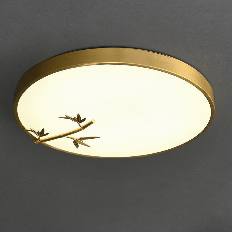 Traditional Chinese Brass Acrylic Round Bamboo Leaf LED Flush Mount Ceiling Light For Bedroom Lumendat