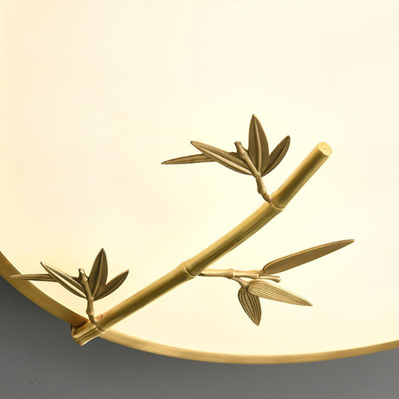 Traditional Chinese Brass Acrylic Round Bamboo Leaf LED Flush Mount Ceiling Light For Bedroom Lumendat