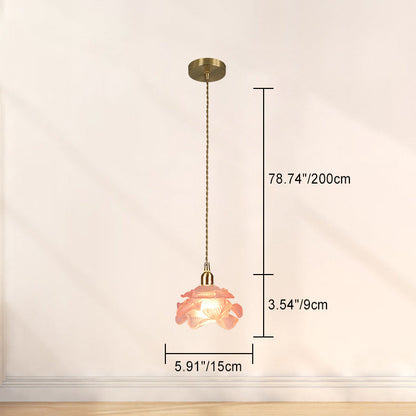 Traditional French Copper Glass Floral Rose Petal 1-Light Pendant Light For Dining Room
