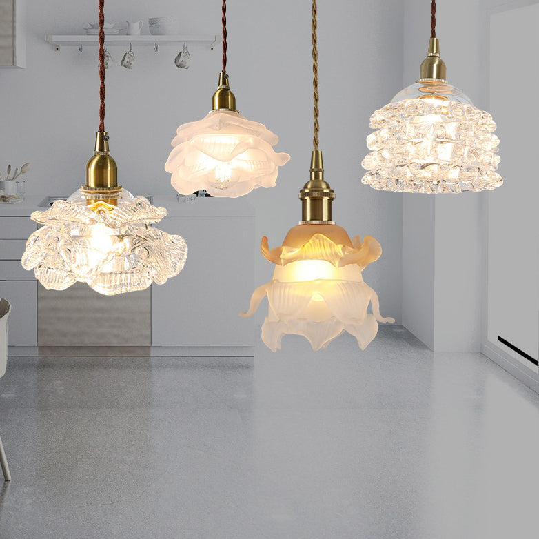 Traditional French Copper Glass Floral Rose Petal 1-Light Pendant Light For Dining Room