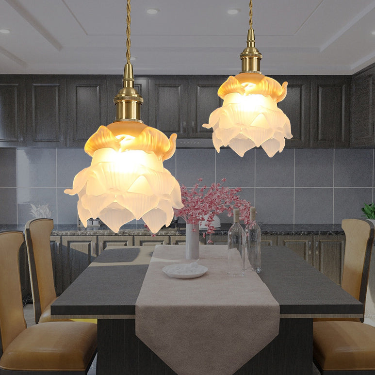 Traditional French Copper Glass Floral Rose Petal 1-light Pendant Light for Dining Room BulbSquare