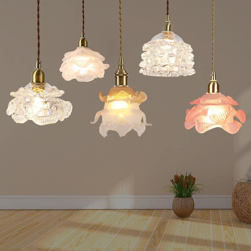 Traditional French Copper Glass Floral Rose Petal 1-light Pendant Light for Dining Room BulbSquare