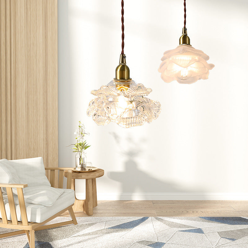 Traditional French Copper Glass Floral Rose Petal 1-light Pendant Light for Dining Room BulbSquare