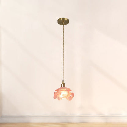 Traditional French Copper Glass Floral Rose Petal 1-Light Pendant Light For Dining Room