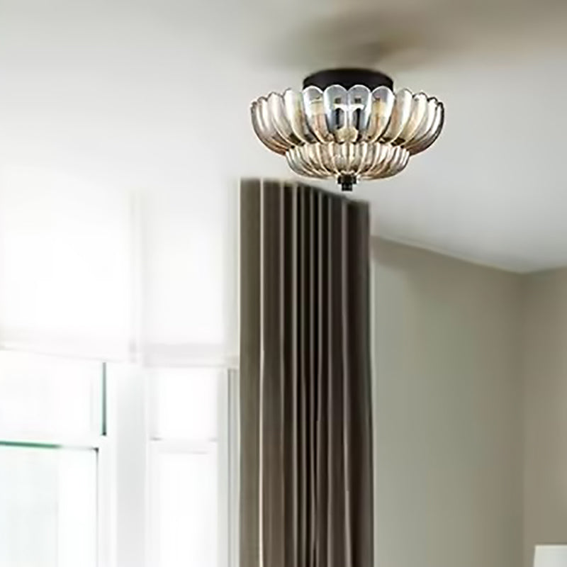 Contemporary Retro Glass Iron Floral Petal 3-light Semi-flush Mount Ceiling Light for Hallway