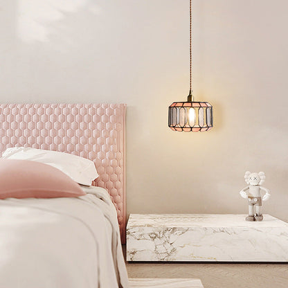 Traditional Tiffany Copper Glass Handmade Cylinder Conic Irregular Stone 1-Light Pendant Light For Bedside