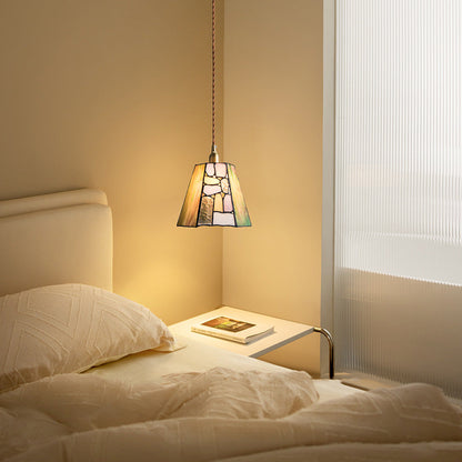 Traditional Tiffany Copper Glass Handmade Cylinder Conic Irregular Stone 1-Light Pendant Light For Bedside
