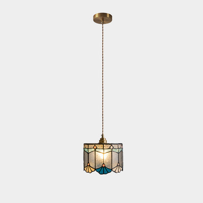 Traditional Tiffany Copper Glass Cylinder Conic Shell Bead 1-Light Pendant Light For Dining Room