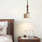 Traditional Japanese Travertine Wood Copper Aluminum Cylinder Liftable 1-Light Pendant Light For Bedside