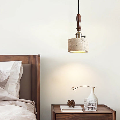 Traditional Japanese Travertine Wood Copper Aluminum Cylinder Liftable 1-Light Pendant Light For Bedside