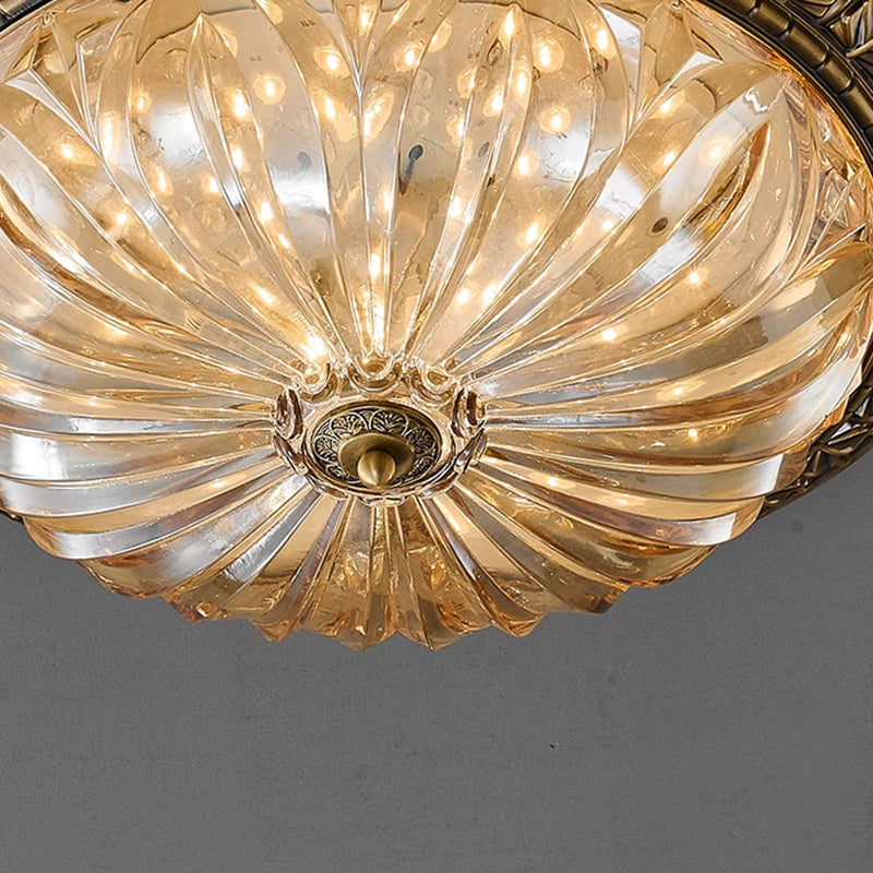 Traditional European Copper Glass Round Relief Sculpture LED Flush Mount Ceiling Light for Bedroom