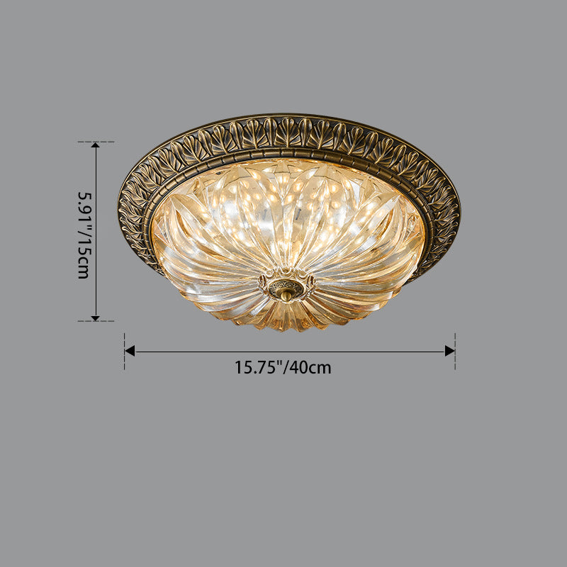 Traditional European Copper Glass Round Relief Sculpture LED Flush Mount Ceiling Light for Bedroom
