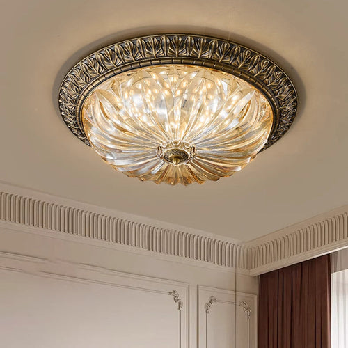 Traditional European Copper Glass Round Relief Sculpture LED Flush Mount Ceiling Light for Bedroom