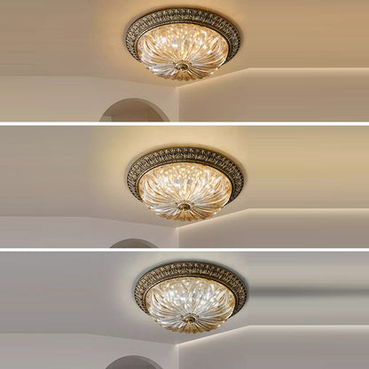 Traditional European Copper Glass Round Relief Sculpture LED Flush Mount Ceiling Light for Bedroom