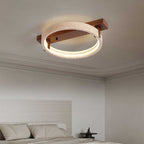 Contemporary Nordic Travertine Walnut Circle Rectangular Base LED Semi-Flush Mount Ceiling Light For Bedroom