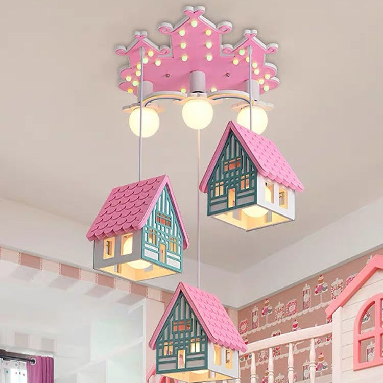 Lumendat Contemporary Creative Kids Wood House 6-Light Chandeliers For Bedroom Lumendat